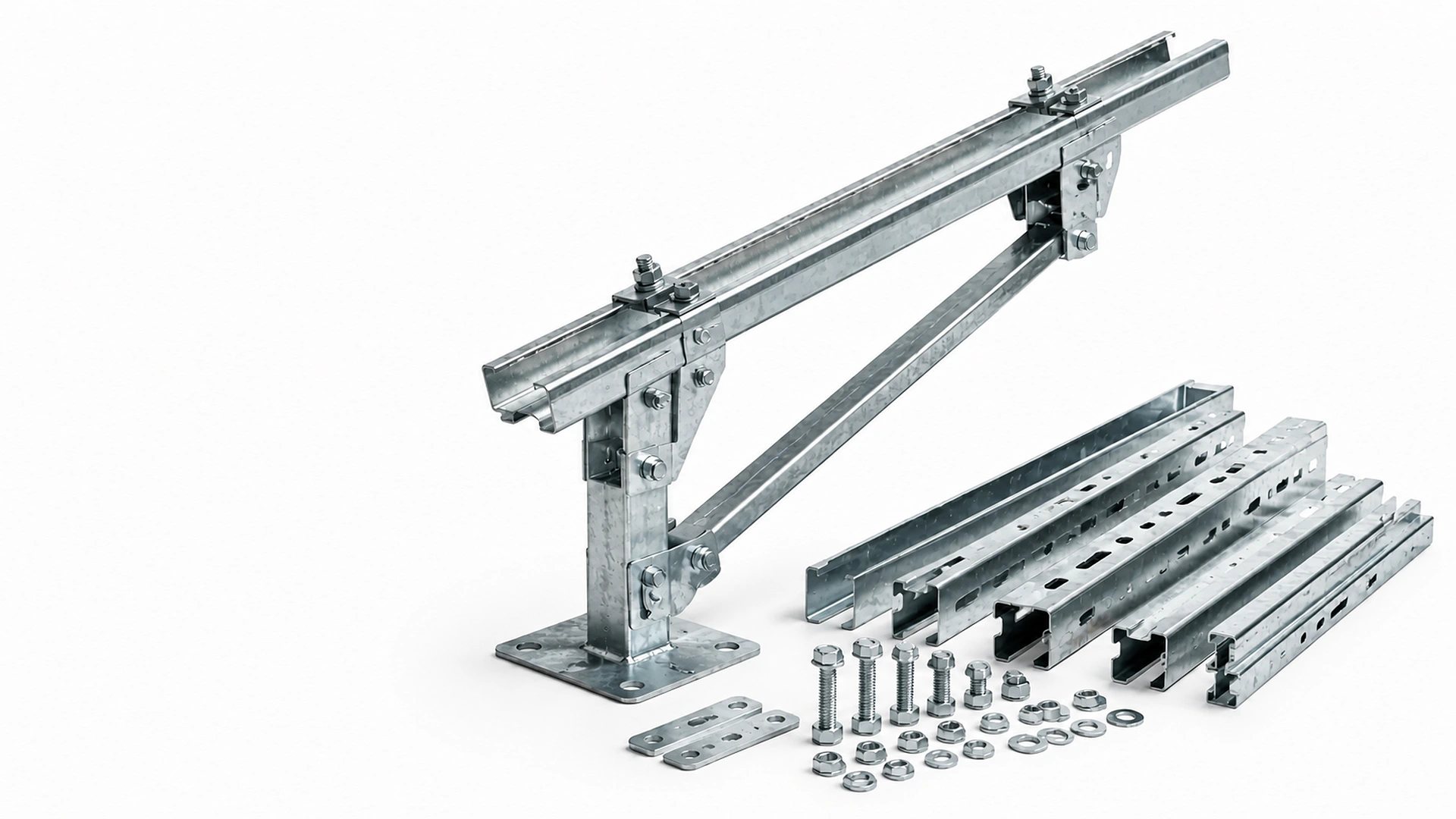 Home Galvanized solar mounting rails, braces, posts, plates and fasteners arranged as one system