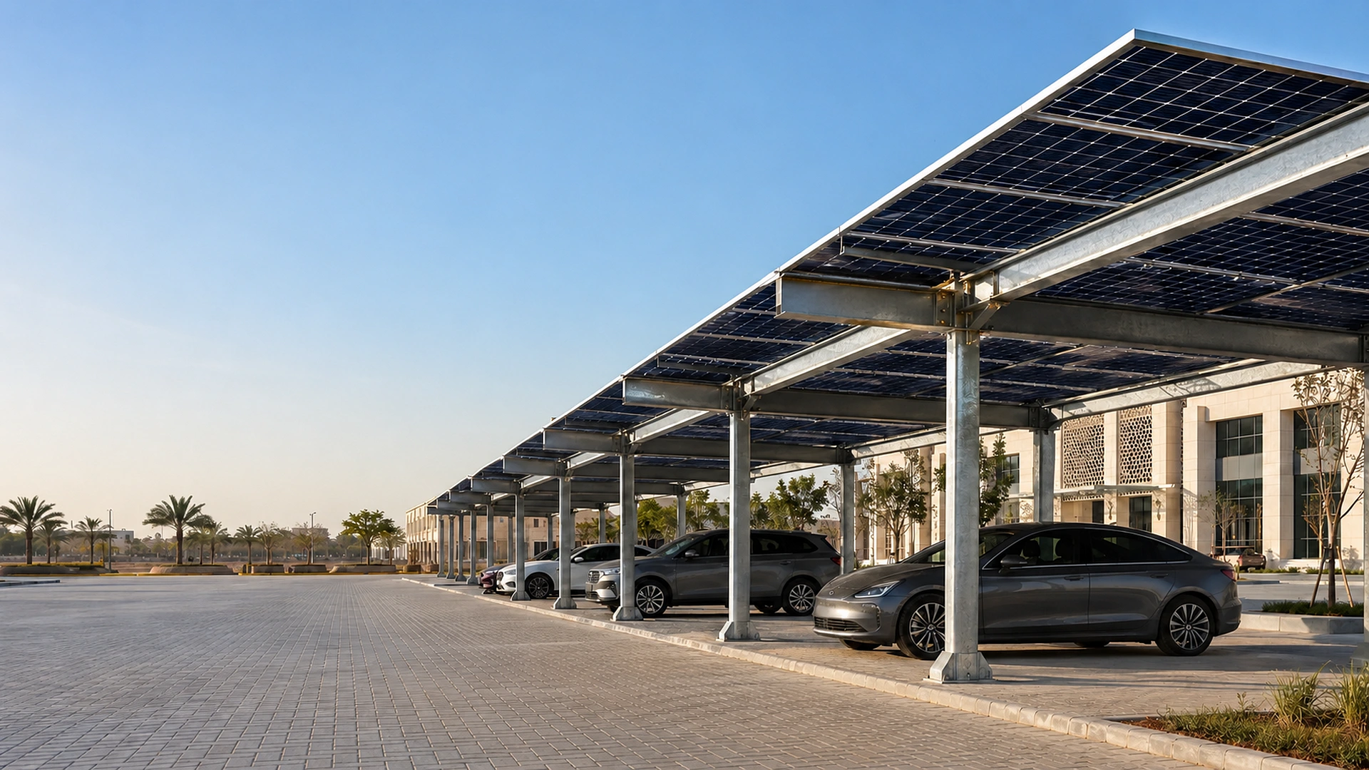 Home Galvanized photovoltaic carport structure installed above a parking area