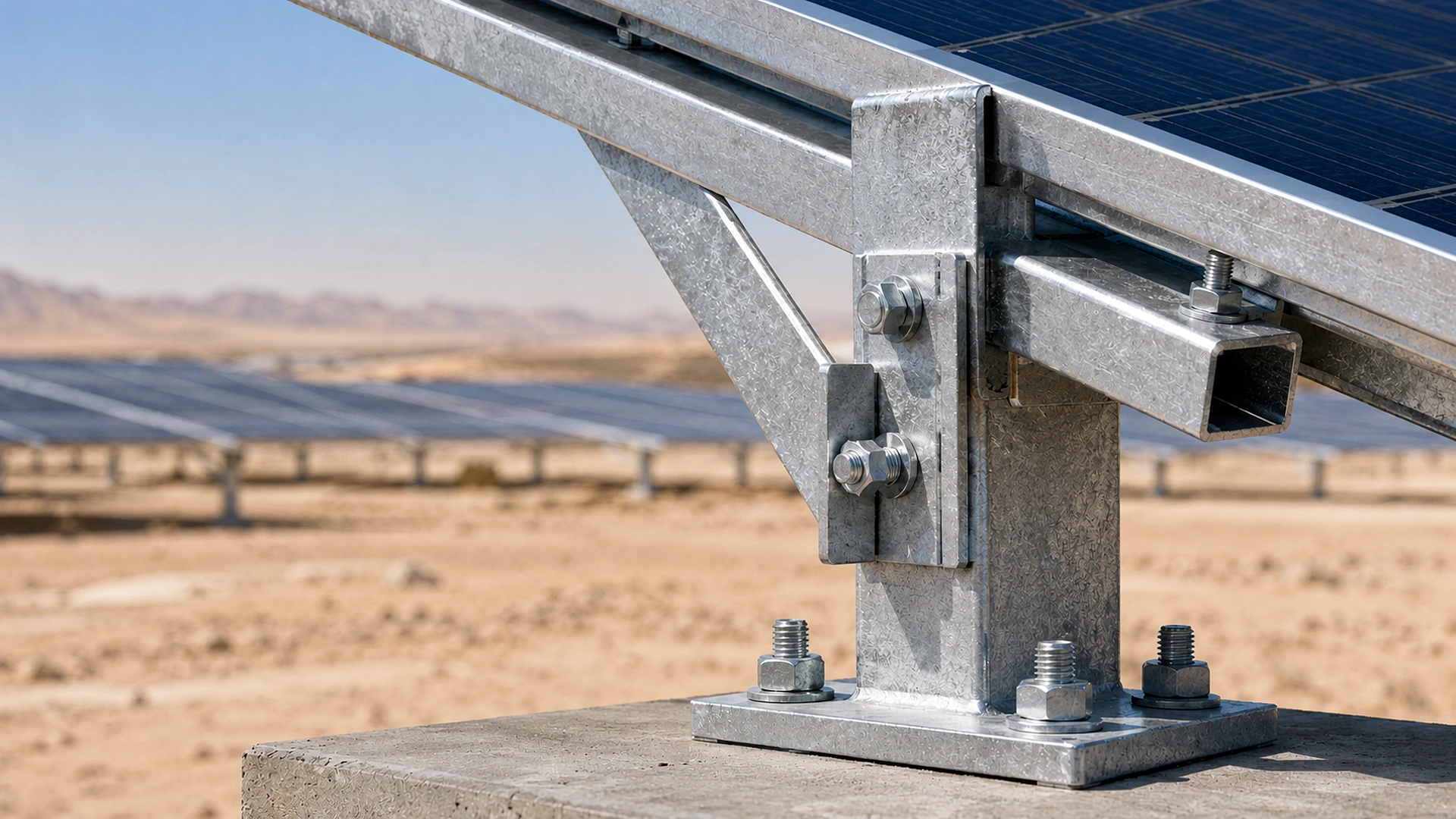 Home Close-up of a galvanized photovoltaic mounting post, brace, rail and bolted base connection