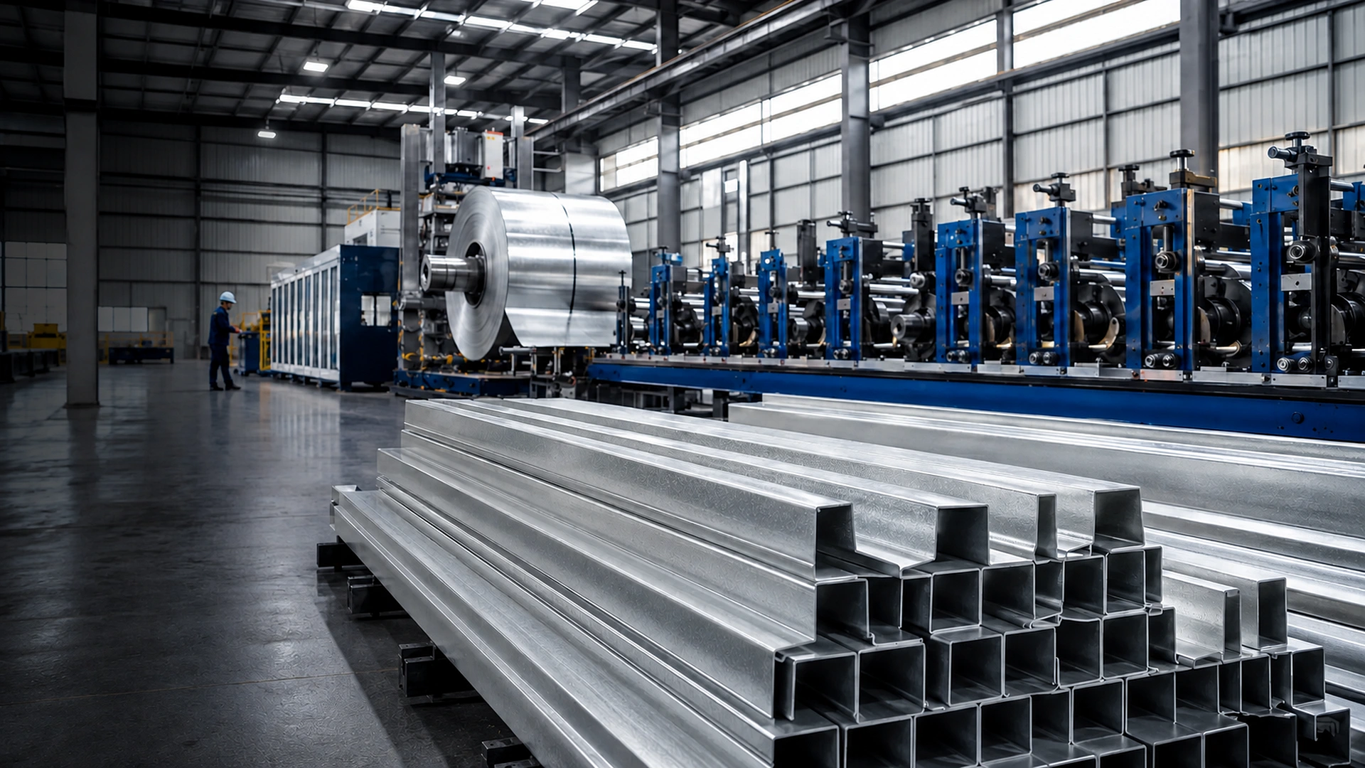 Home Steel roll-forming production line with finished galvanized structural profiles