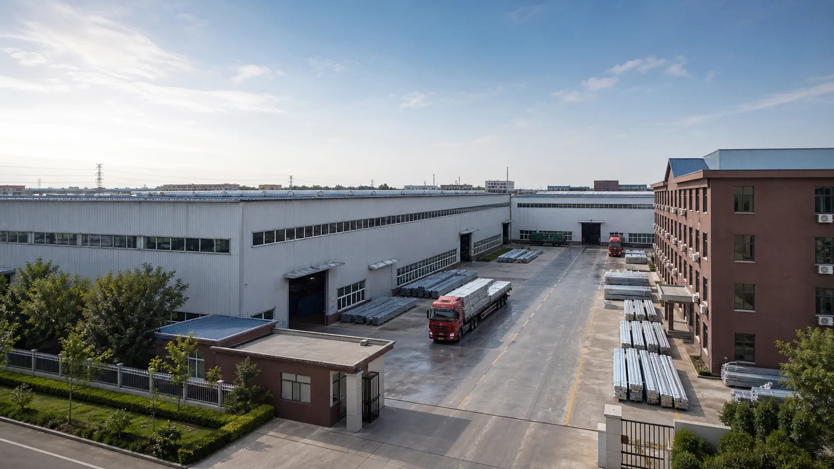 Home Tianjin Jinyida manufacturing facility in Tianjin with production buildings, galvanized steel products and loading vehicles