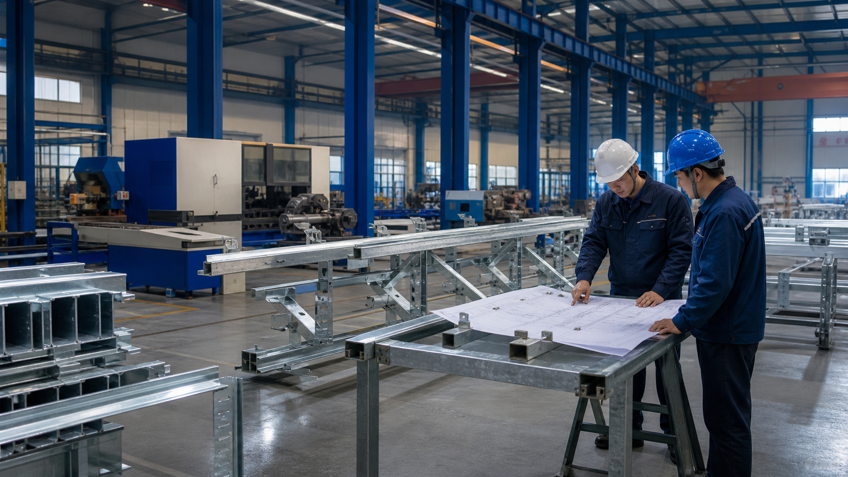 About Engineers reviewing solar mounting drawings beside galvanized steel assemblies in a fabrication workshop