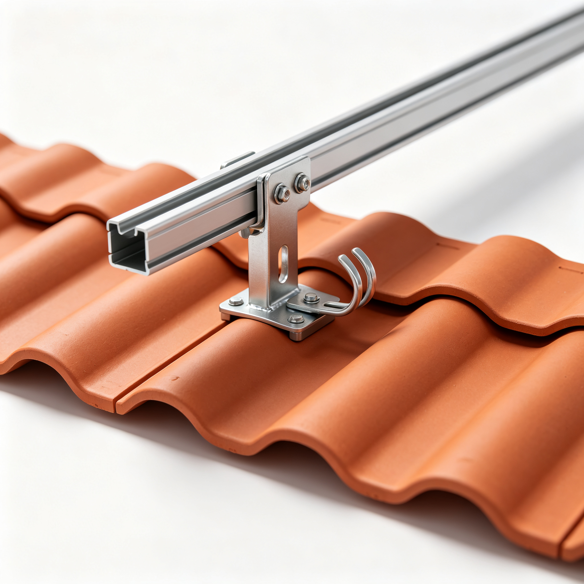 Home Tile-roof photovoltaic mounting system showing panel, rail and hook interfaces